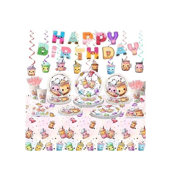 Boba Tea Party Decorations,Bubble Tea Birthday Tableware Set Include Plates Cups - Picture 1 of 8